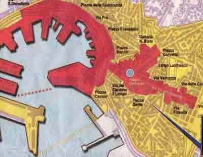 Rote und Gelbe Zonen um den Hafen Genuas